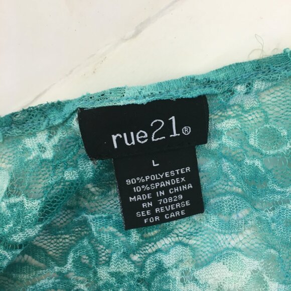Rue 21 Fashion Lace Blouse Women's Size L Top Stylish Green Aqua Shirt Stretchy - Picture 13 of 14